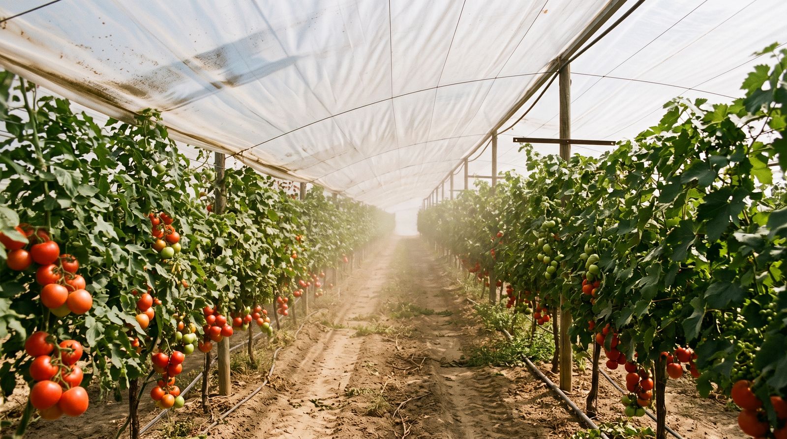 Parral-Gewächshaus in Almería: Tomatenreihen unter dem flachen Kunststoffdach