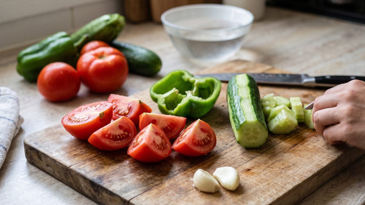 Geviertelte Tomaten, grüne Paprika, gewürfelte Gurke und Knoblauchzehen auf einem Holzbrett