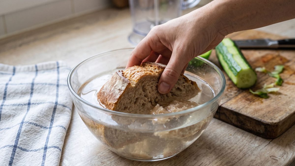 Altbackenes Brot weicht in einer Schüssel mit kaltem Wasser ein