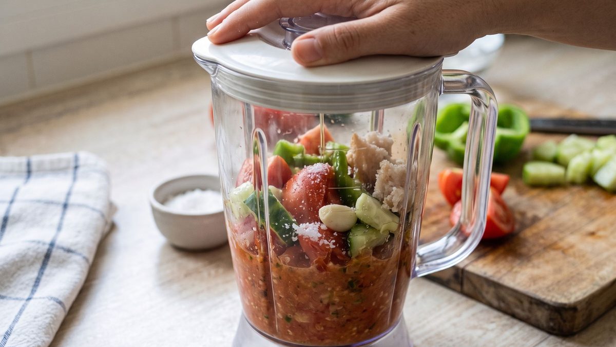 Mixbecher mit Tomaten, Paprika, Gurke, Knoblauch, Brot und Salz vor dem Pürieren