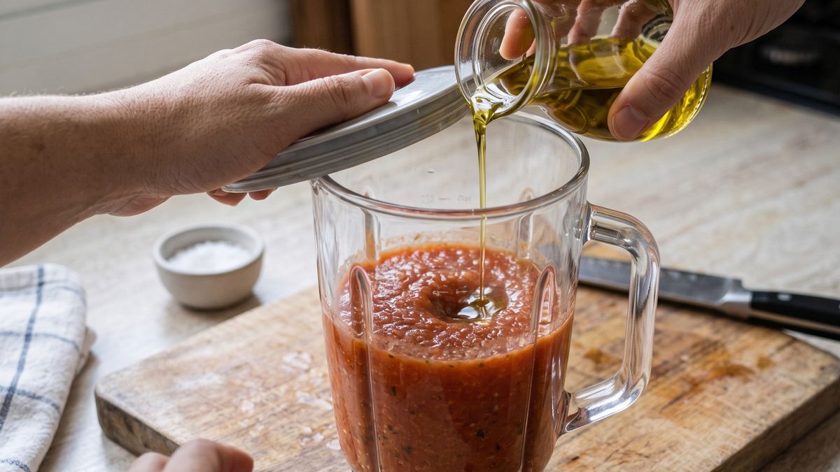 Olivenöl wird in einem dünnen Strahl in den pürierten Gazpacho im Mixer gegossen