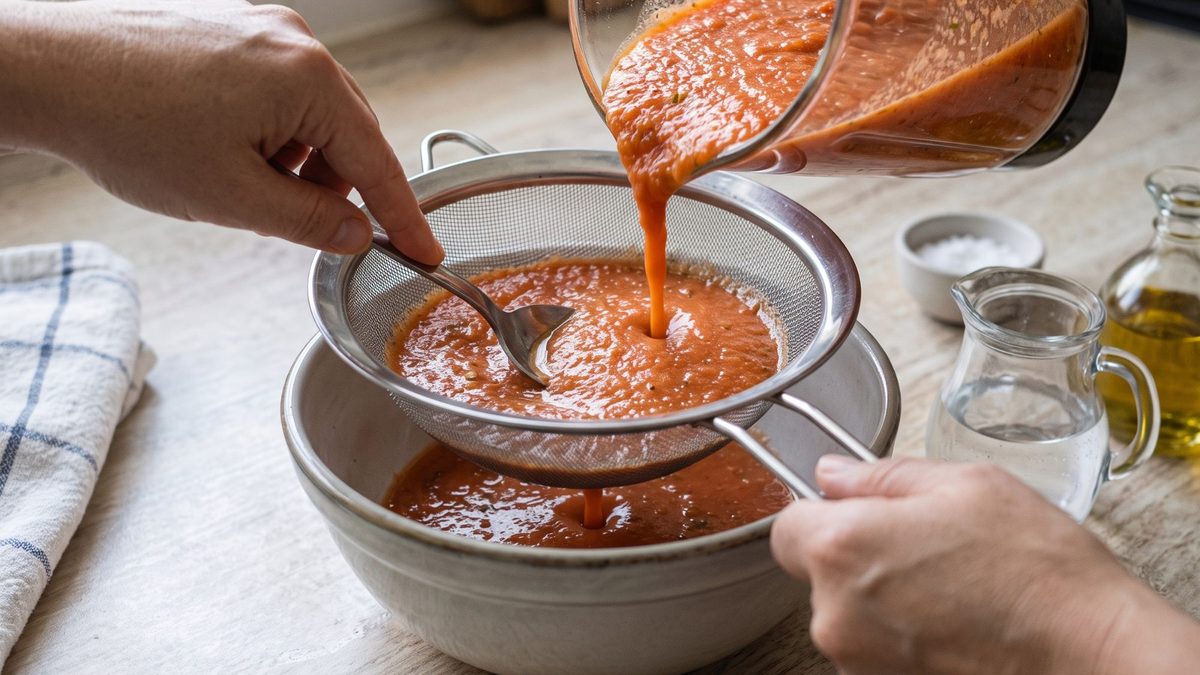 Gazpacho wird durch ein feines Sieb in eine Schüssel passiert