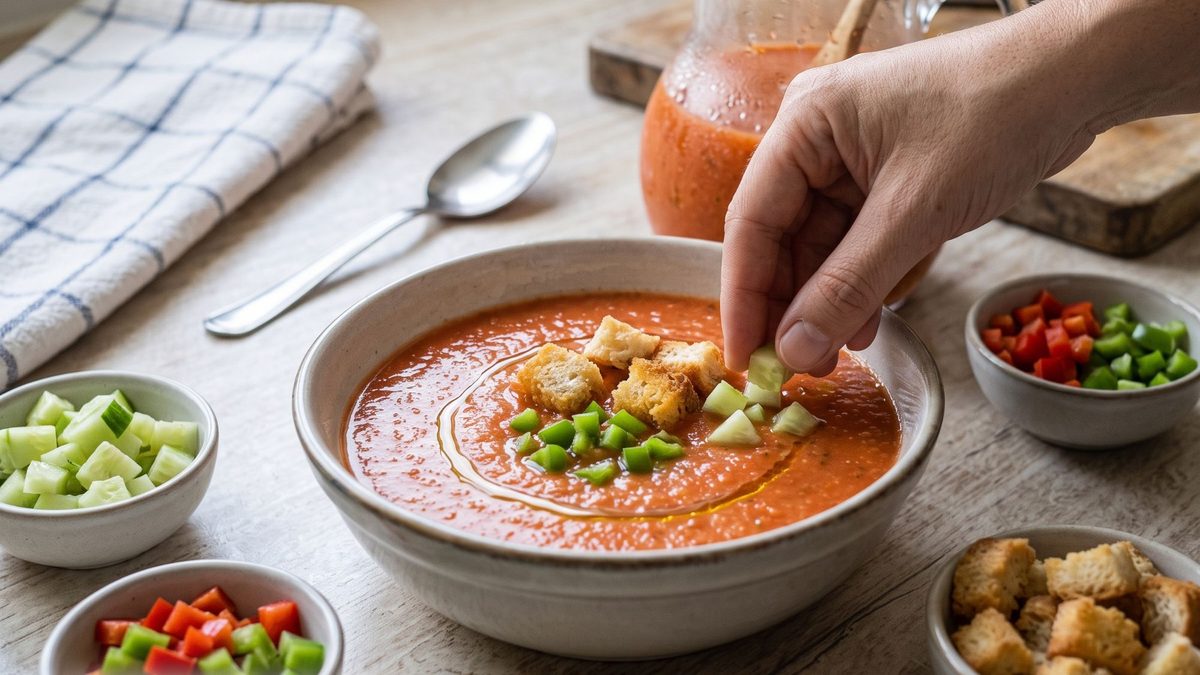 Schüssel kalter Gazpacho mit Croutons, Gurken- und Paprikawürfeln, daneben Karaffe und Schälchen mit Garnitur