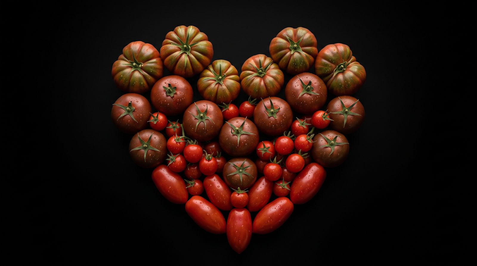 Ein Herz aus Tomaten vor schwarzem Hintergrund: oben dunkle geriffelte Tomaten, in der Mitte Kirschtomaten, an der Spitze längliche Tomaten