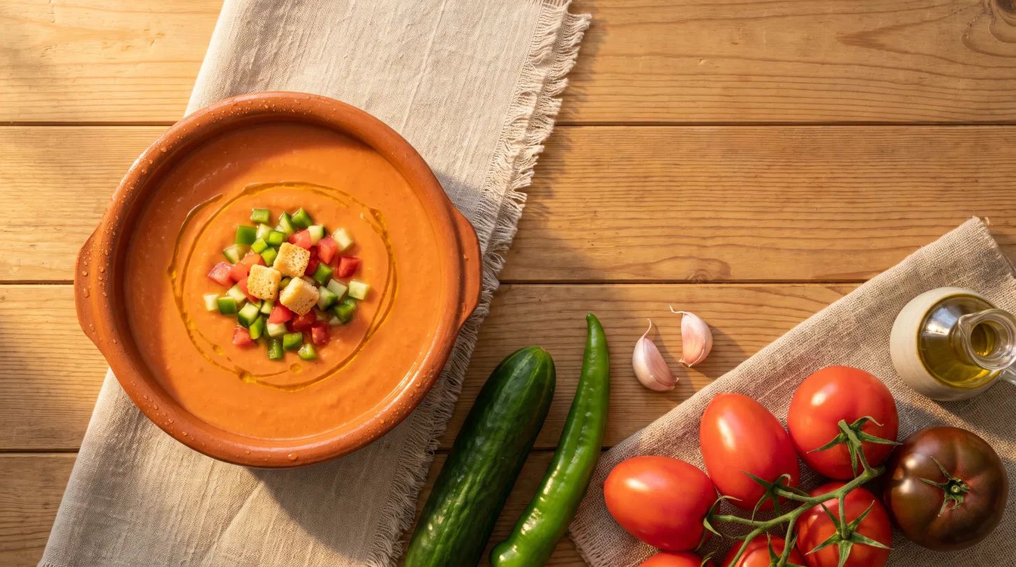 Kalter andalusischer Gazpacho in einer Schüssel mit Garnitur