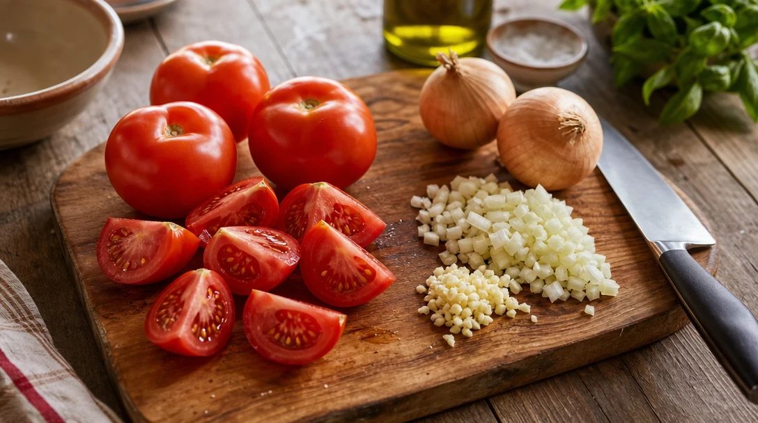 Geviertelte Tomaten, fein gewürfelte Zwiebel und gehackter Knoblauch auf einem Holzbrett, daneben ein Messer