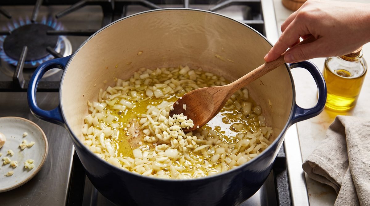 Zwiebel und Knoblauch dünsten in Olivenöl im Topf, mit einem Holzlöffel umgerührt