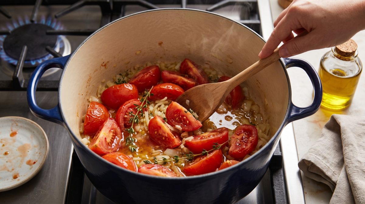 Tomatenviertel schmoren mit Zwiebeln und Thymianzweigen im Topf