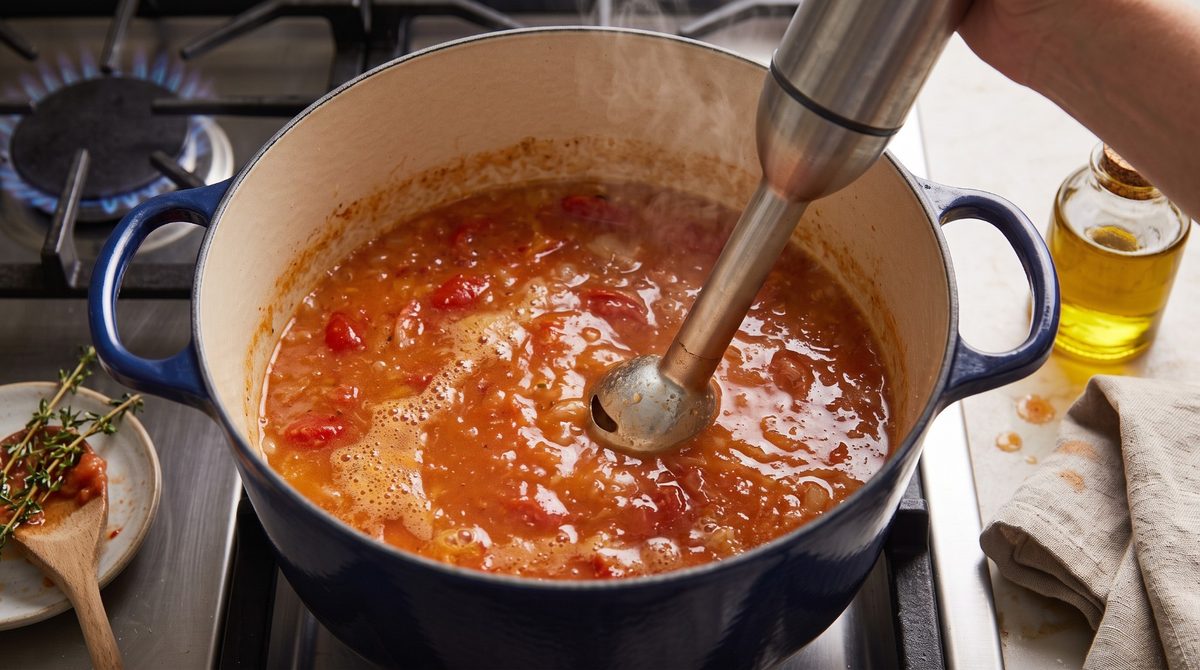 Stabmixer püriert die Tomatensuppe im Topf
