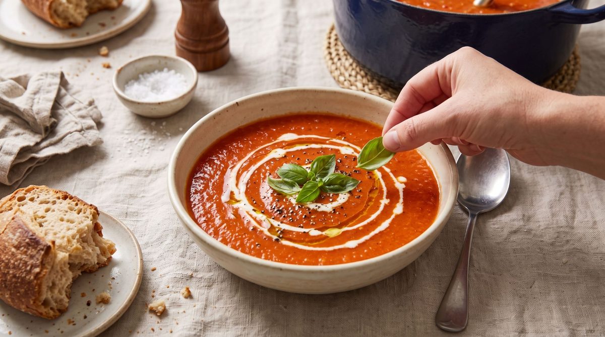 Schüssel Tomatensuppe mit Sahne, Pfeffer und Basilikumblättern, daneben Salz und Brot