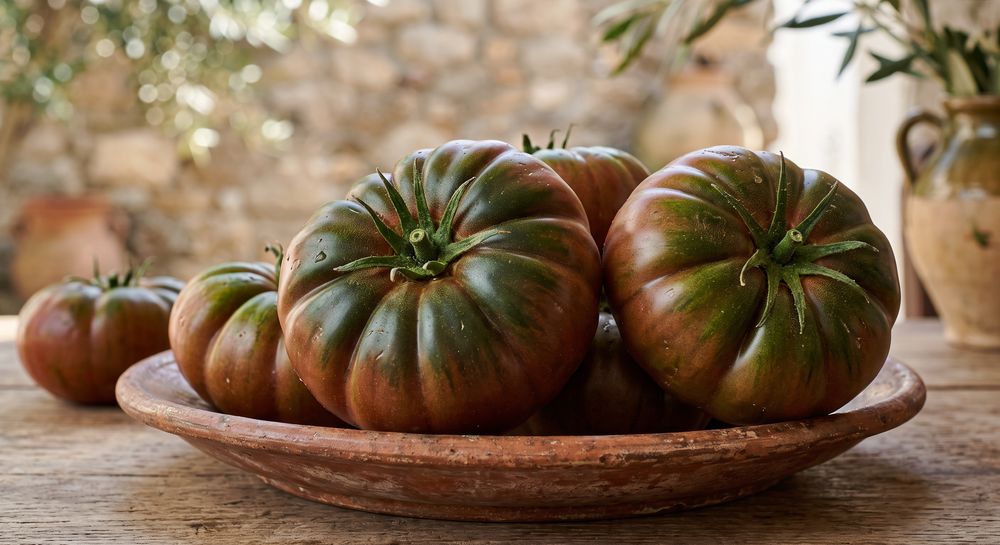 Dunkle geriffelte Tomaten in einer Tonschale