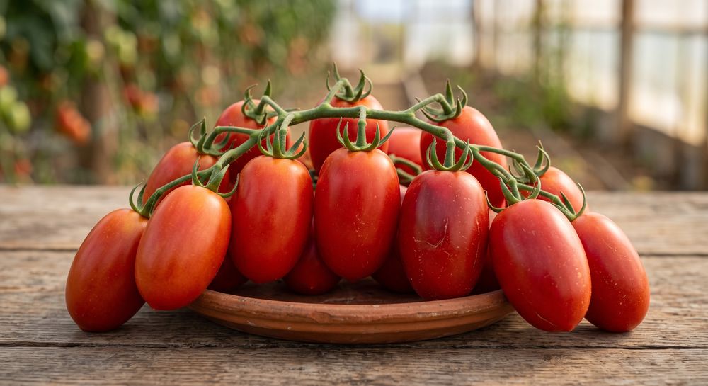 Rispe intensiv roter Kirschtomaten auf einem Tonteller