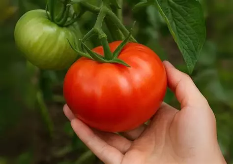 Reife rote Runde Tomate, in der Hand an der Pflanze gehalten